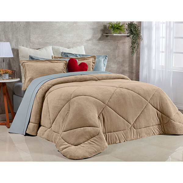 Kit Edredom Bege Queen Size Soft Microfibra + Jogo De Cama 40