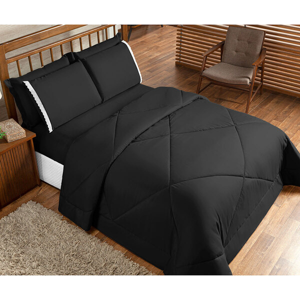 Kit Edredom Casal Padrão Preto Dupla Face Aconchego 6 Peças