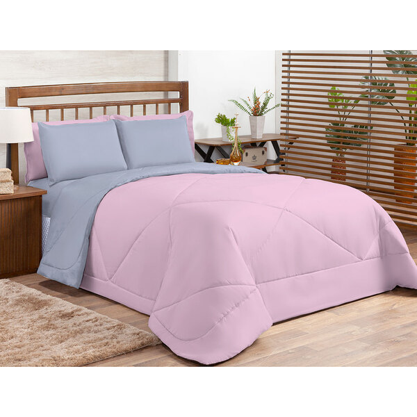 Kit Edredom Cinza / Rosacasal Padrão Dupla Face Ternura 6 Peç