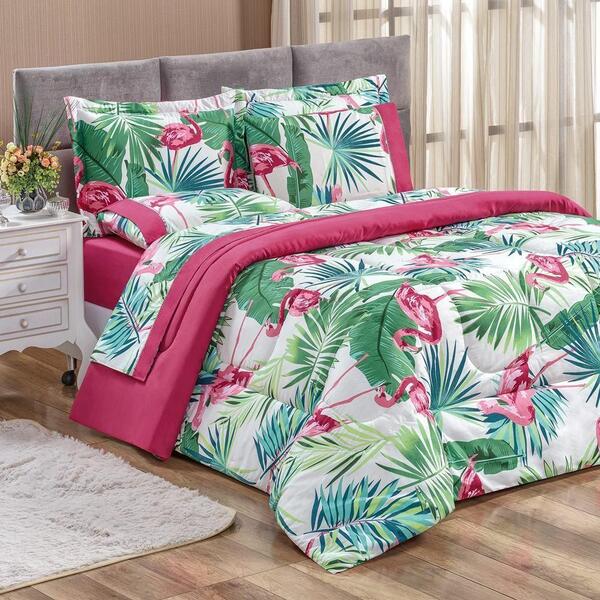 Kit Edredom Estampado 200 Fios Naturale King 03pçs Flamingo