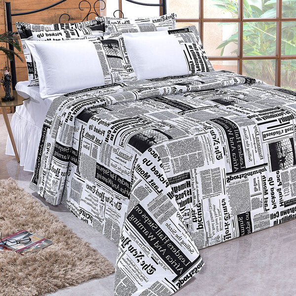 Kit Edredom Estampado Jornal Preto e Branco Dupla Face 3 Peças