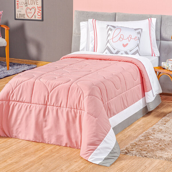 Kit Edredom Infantil Menina 4 Peças Rosê + Cortina