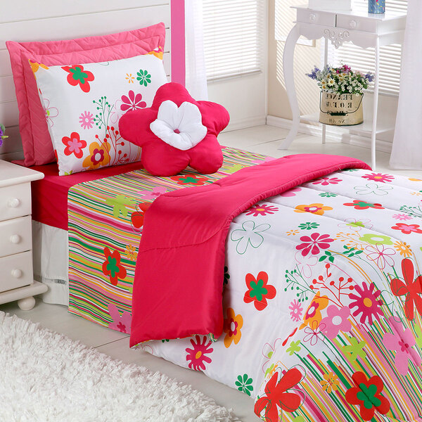 Kit Edredom Infantil Pink Solteiro Floral Garden 3 Peças Dupl