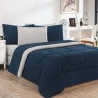 Kit Edredom Jogo De Lençol 6 Peças Casal Azul Marinho/palha