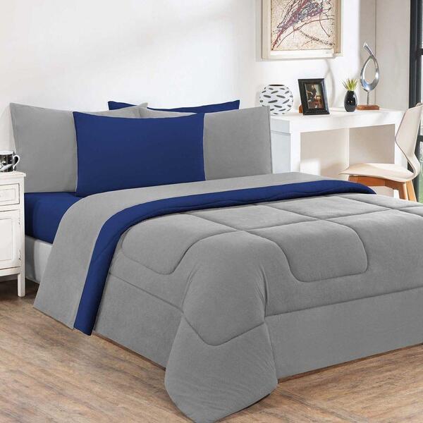 Kit Edredom Jogo De Lençol 6 Peças Casal Cinza/azul Royal
