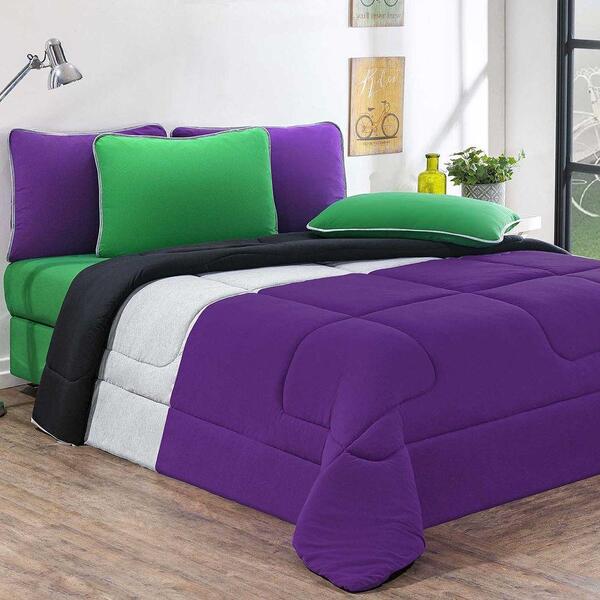 Kit Edredom Jogo De Lençol 6 Peças Queen Roxo/mescla/preto
