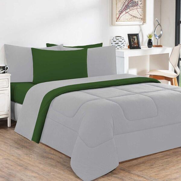 Kit Edredom Jogo De Lençol 6pçs Casal Cinza/verde Bandeira