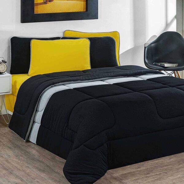 Kit Edredom Jogo De Lençol 6pçs Casal Preto/mescla/amarelo