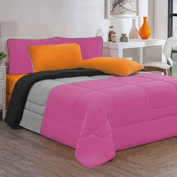 Kit Edredom Jogo De Lençol 7 Pçs King Pink Mescla Laranja