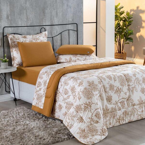 Kit Edredom Jogo De Lençol 7 Peças King Floral Cobre
