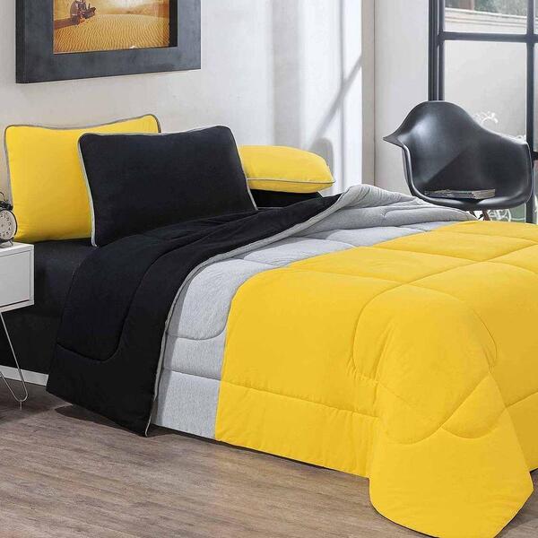 Kit Edredom Jogo De Lençol 7pçs Casal Amarelo/mescla/preto