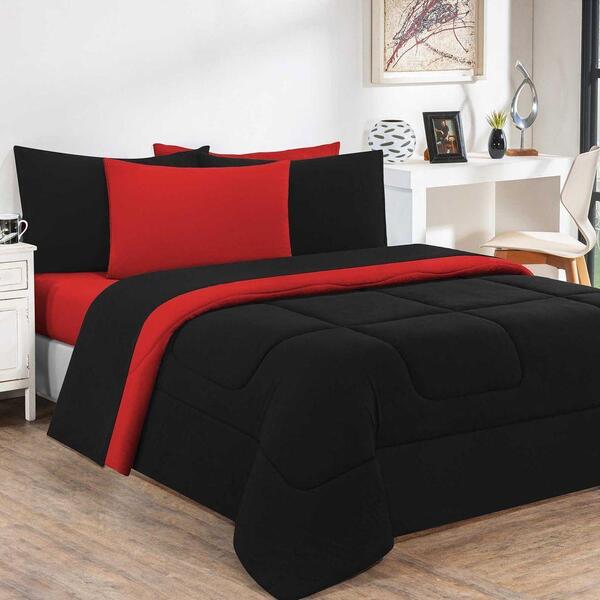 Kit Edredom Jogo De Lençol Malha 7 Peças King Preto/vermelho