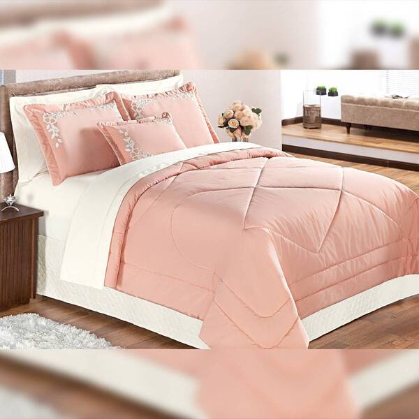 Kit Edredom King Casal Salmão 5 Peças Com Almofada Decorativa