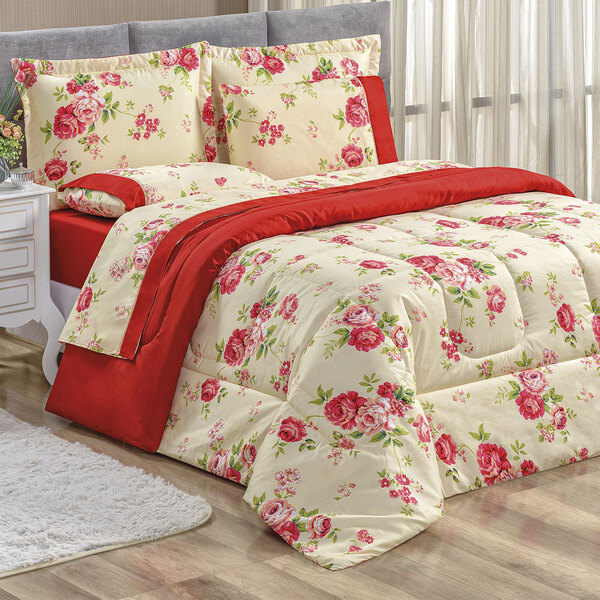 Kit Edredom King Size 200 Fios Dupla Face Vermelho Floral 3 P