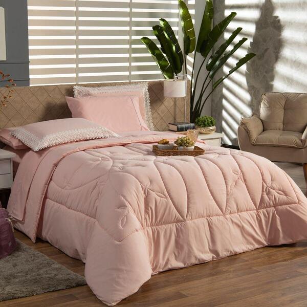 Kit Edredom Liso Queen 03pçs Percal 200 Fios Rosê