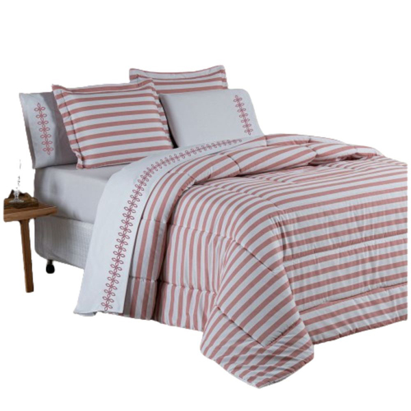 Kit Edredom Listrado King Dupla Face 5 Peças - Rosê
