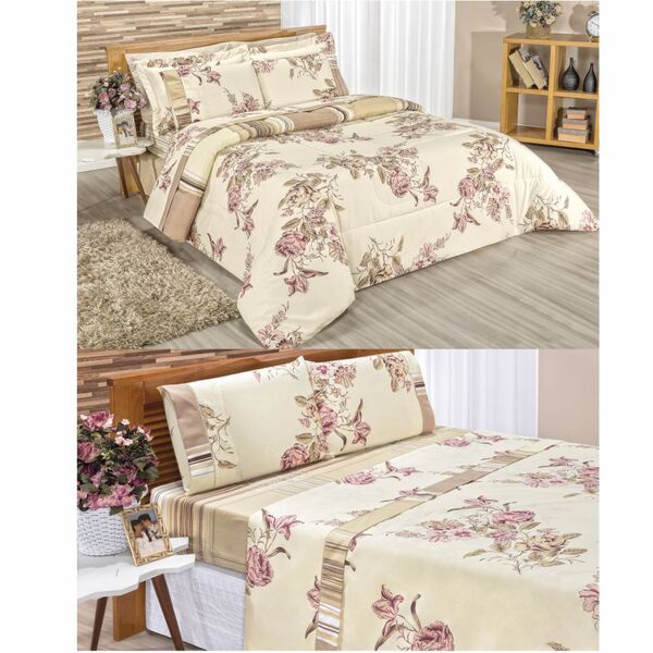 Kit Edredom Magnata King Dupla Face + Lençol - Floral Palha