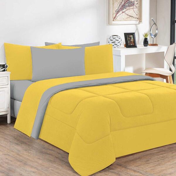 Kit Edredom Malha 100% Algodão 3 Peças King - Amarelo/cinza