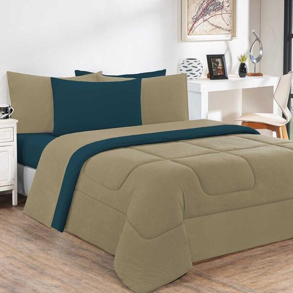 Kit Edredom Malha 3 Peças Casal - Avelã/azul Petróleo