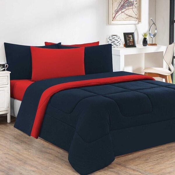 Kit Edredom Malha 3 Peças Casal Azul Marinho/vermelho