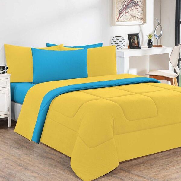 Kit Edredom Malha 3 Peças King - Amarelo/azul Turquesa