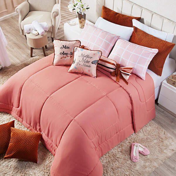 Kit Edredom Mamma Amore Rosê King 06 Peças - Dupla Face Perca
