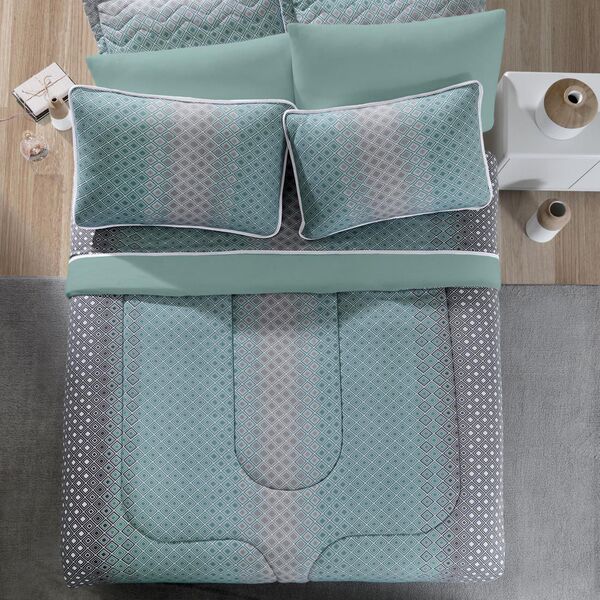 Kit Edredom New York Turquesa Malha Queen Dupla Face 04 Peças