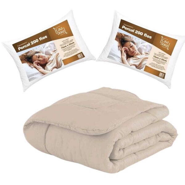 Kit Edredom Queen Bege + 2 Travesseiros Percal 200 Fios