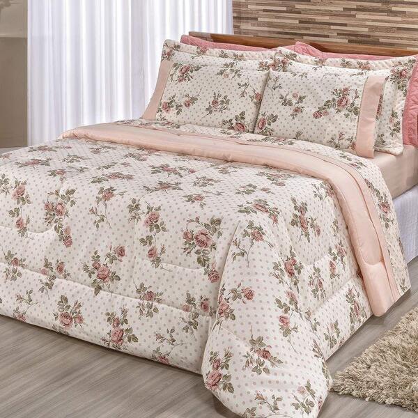 Kit Edredom Queen Floral Percal 180 Fios 3 Pç - Salmão