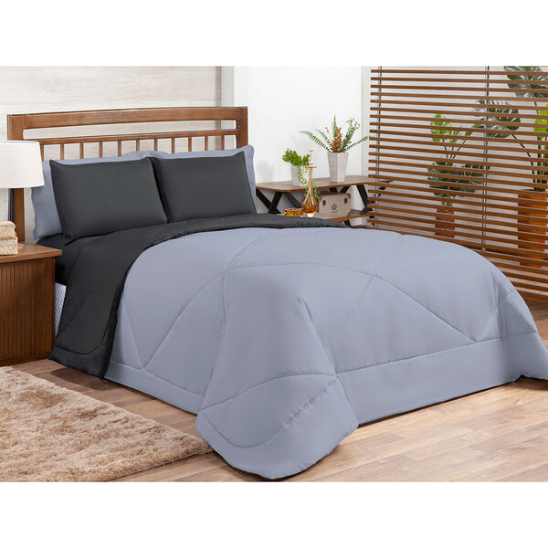 Kit Edredom Queen Preto / Cinzadupla Face 6 Peças