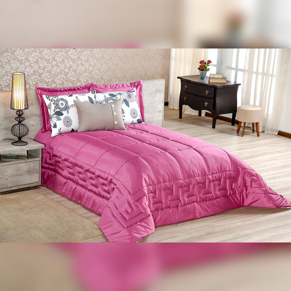 Kit Edredom Queen Rosa Matelado Com Almofada Decorativa 6 Peç