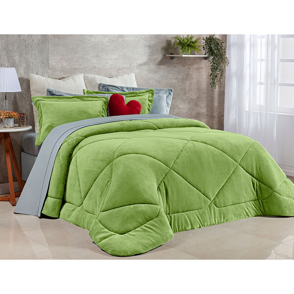 Kit Edredom Queen Size Verde Soft Microfibra + Jogo De Cama 4