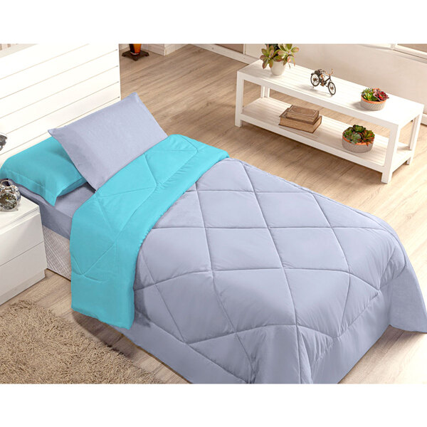 Kit Edredom Solteiro Dupla Face Tiffany / Cinza 4 Peças