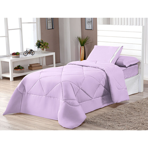 Kit Edredom Solteiro Lilás Dupla Face Aconchego 4 Peças Com L