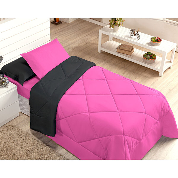 Kit Edredom Solteiro Pink / Preto Dupla Face Ternura 4 Peças