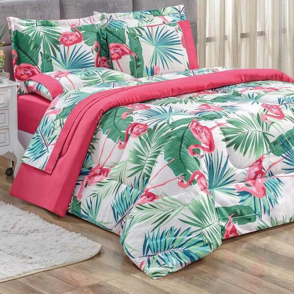 Kit Edredom Super King Flamingo 200 Fios 3 Peças - Rosa
