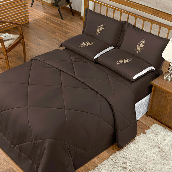 Kit Edredom Tabaco King Dupla Face 6 Peças Com Detalhes Borda