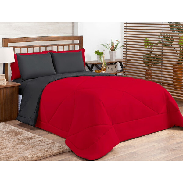 Kit Edredom Vermelho / Pretoqueen Dupla Face Ternura 6 Peças