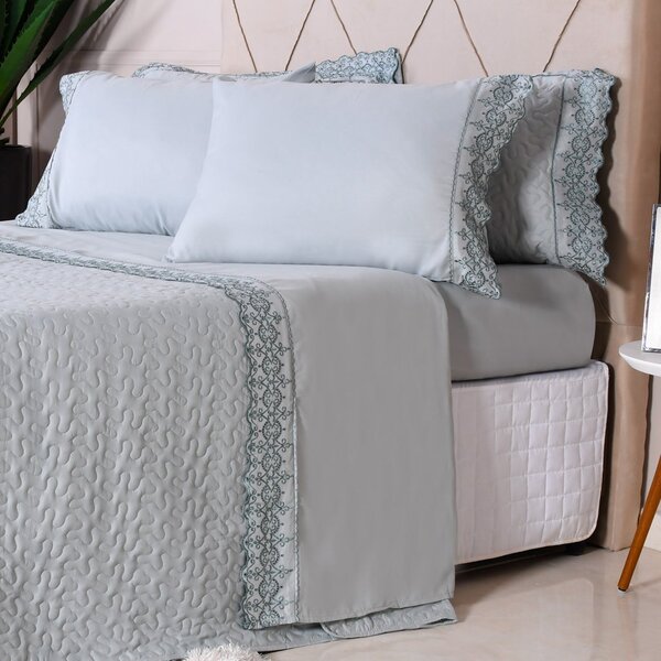 Kit Enxoval 7 Pçs Casal Com Cobre Leito Bordado Inglês