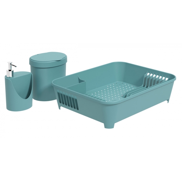 Kit Escorredor + Lixeira + Dispenser -azul