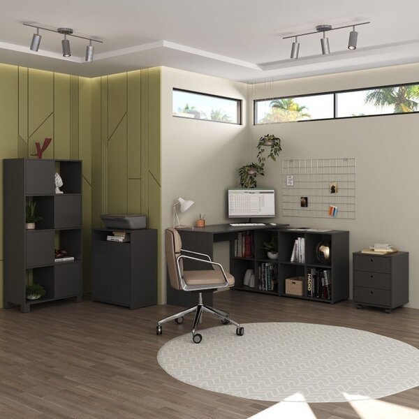 Kit Escritório 4 Peças Com Escrivaninha Em L, Gaveteiro, Esta