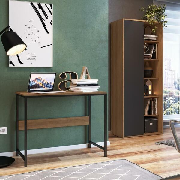 Kit Escritório Com Mesa E Estante Mel Preto Grafite