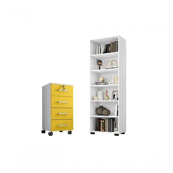 Kit Escritório Livreiro Gaveteiro Gávea Branco/amarelo