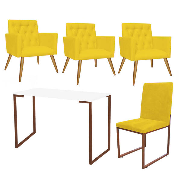 Kit Escritório Stan 3 Poltronas Capitonê Com Cadeira E Mesa I
