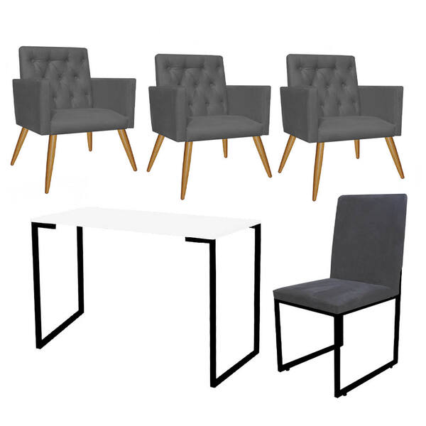 Kit Escritório Stan 3 Poltronas Capitonê Com Cadeira E Mesa I