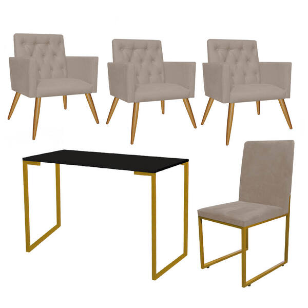 Kit Escritório Stan 3 Poltronas Capitonê Com Cadeira E Mesa I