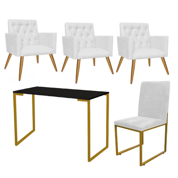 Kit Escritório Stan 3 Poltronas Capitonê Com Cadeira E Mesa I