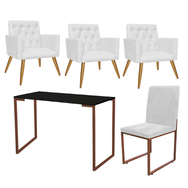 Kit Escritório Stan 3 Poltronas Capitonê Com Cadeira E Mesa I