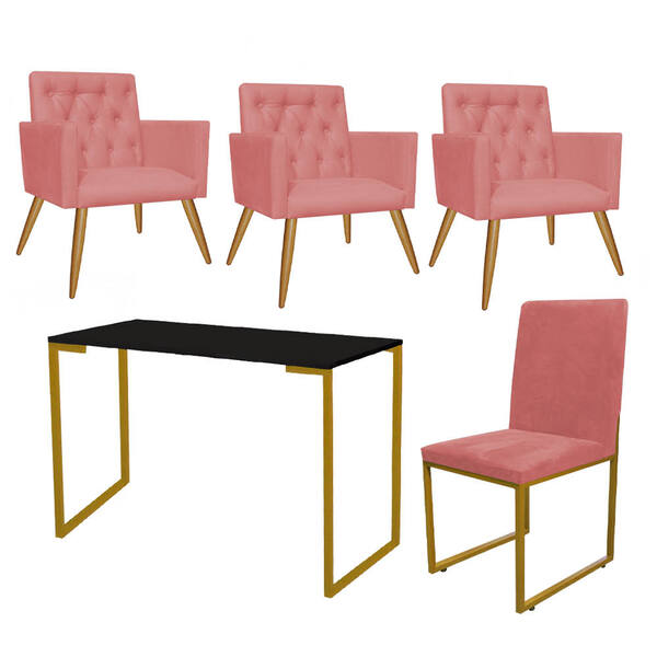 Kit Escritório Stan 3 Poltronas Capitonê Com Cadeira E Mesa I