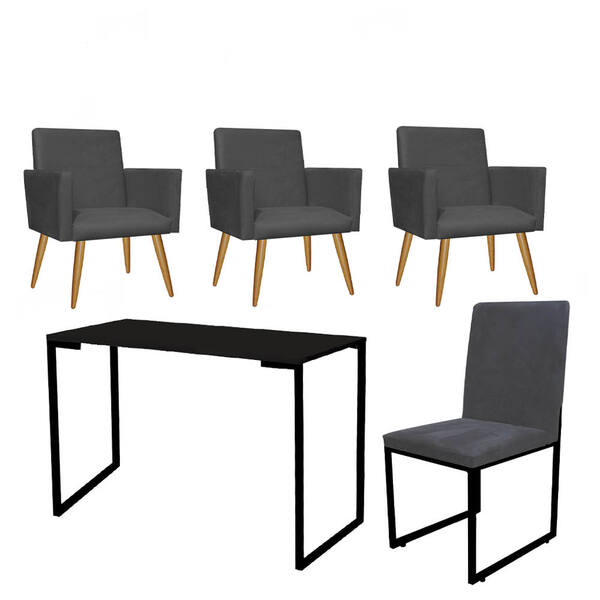 Kit Escritório Stan 3 Poltronas Com Cadeira E Mesa Industrial